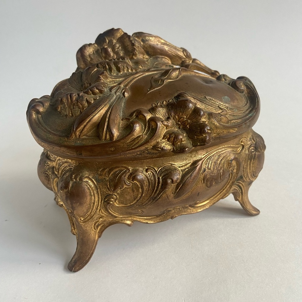 1900s Antique Bronze Jewelry Casket Art Nouveau Footed Trinket Box - SEE PHOTOS